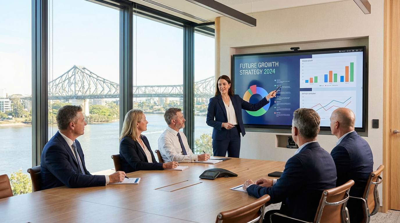 Fractional CMO presenting marketing strategy to Brisbane business owners